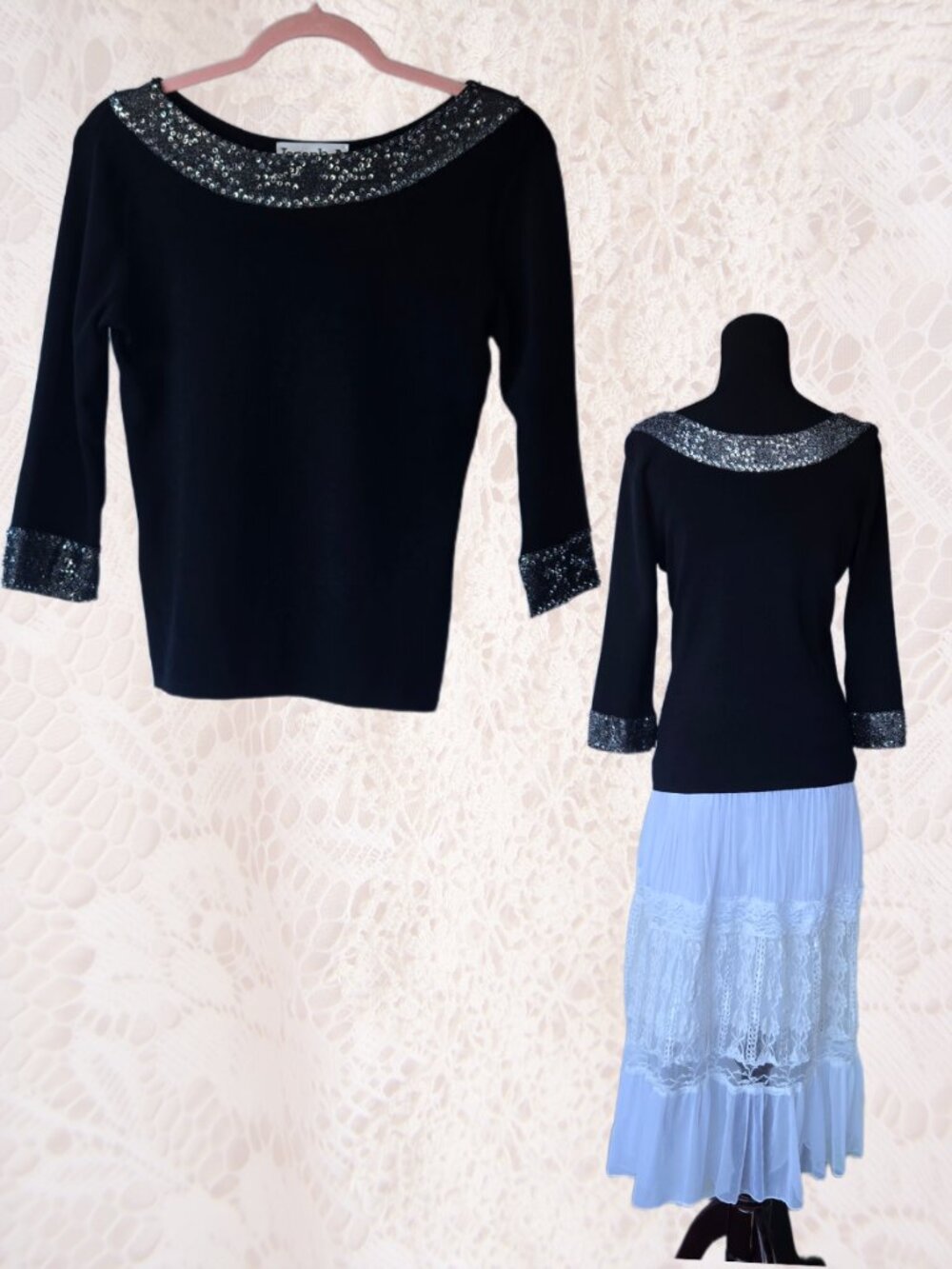 Joseph A. Black Fitted Knit Blouse Beaded Boat Neckline 3/4 Sleeves Quiet Luxury